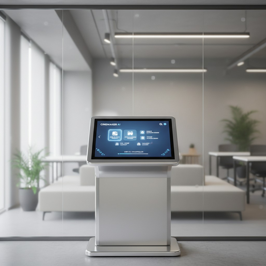A touchscreen kiosk in a modern office setting, displaying a dark blue screen with white text and icons titled "CINEMAKER ...