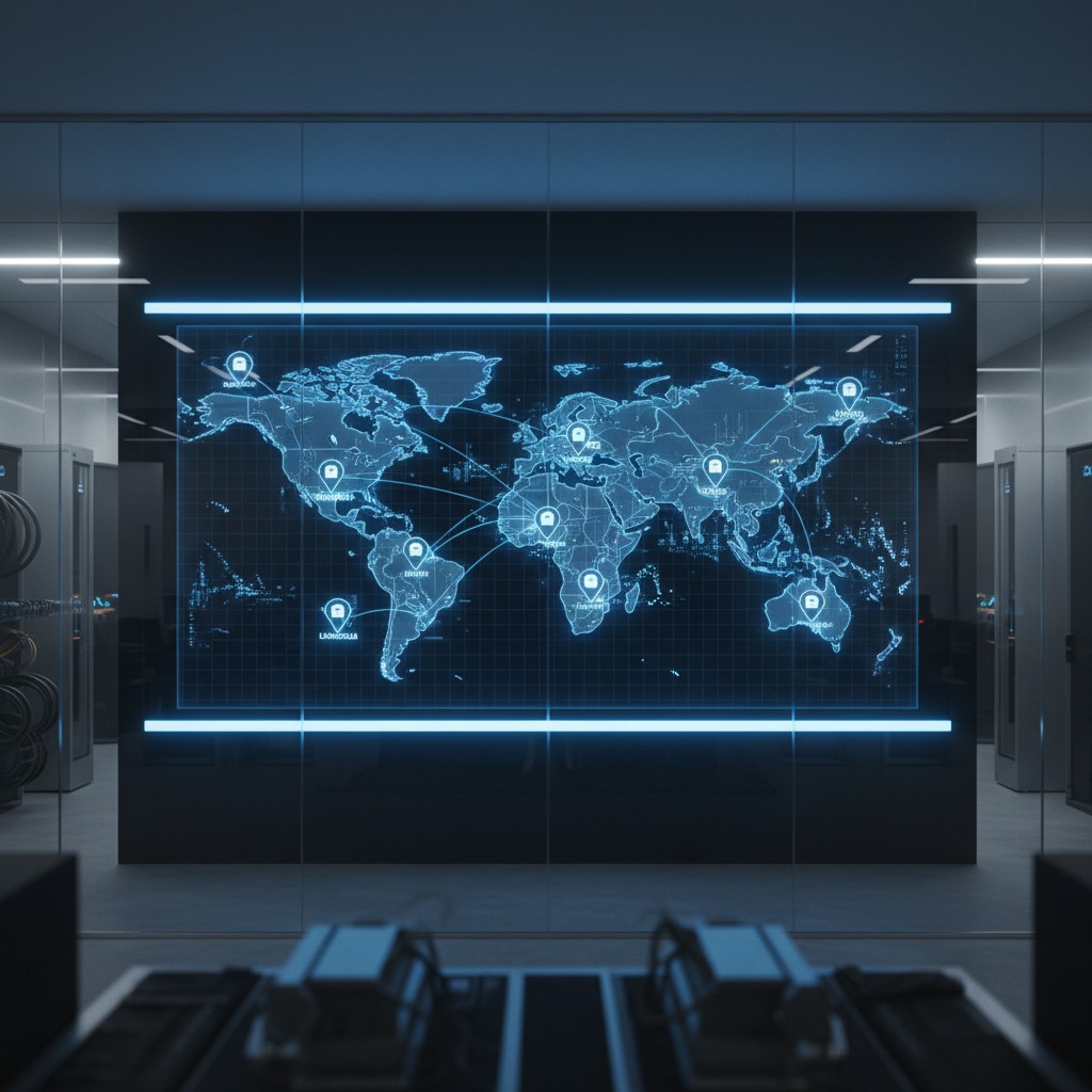 Image represents a future-looking, high-tech security system with a geographic display, featuring a world map with various...