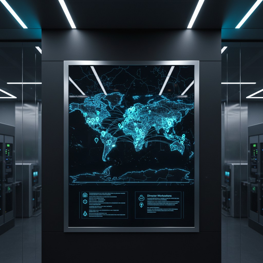 World map illustration in a data center. Global network connections depicted.