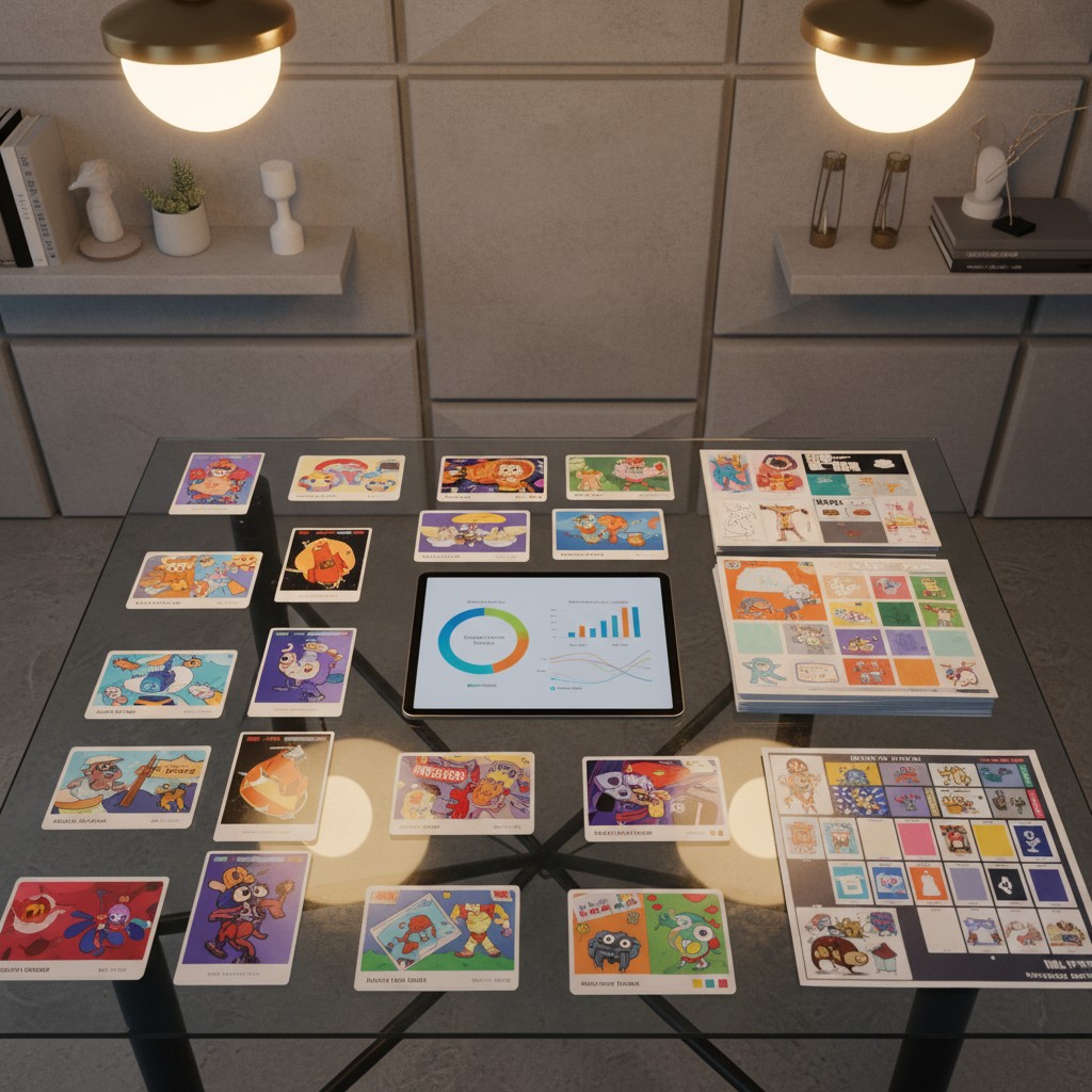 A glass desk with an assortment of colorful cards and a tablet in the center, set against a backdrop of gray wall tiles an...