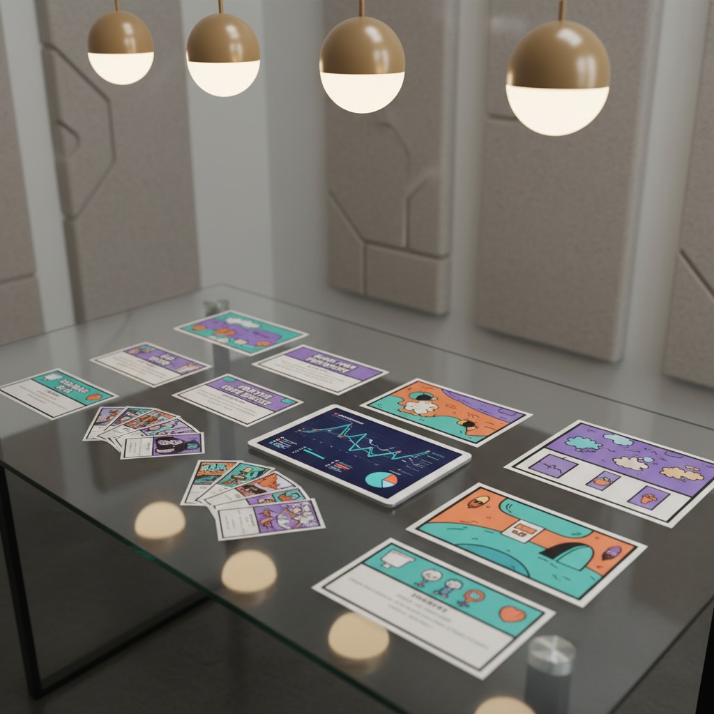 A glass table with various colorful cards and pads laid out on top, with three golden light fixtures hanging above.